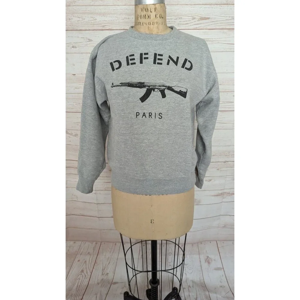 SOLD Defend Paris Unisex Sweatshirt Size Small S AK-47 Pullover Gray Grey - Picture 1 of 8